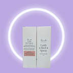 Two boxes of Scent Lash Bed Spray on a purple background with a neon light circle.